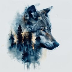 profile of a wolf with a calm, focused expression blending into a misty forest of tall pine trees with soft light filtering through