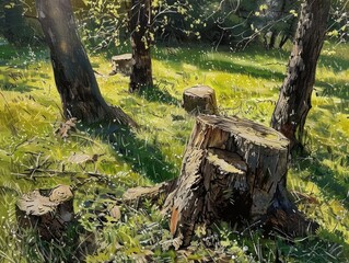 sunlit forest clearing with tree trunks, multiple tree stumps, green grass, scattered twigs, and warm natural light creating a peaceful and serene atmosphere