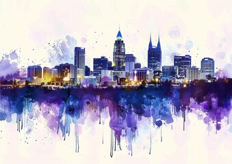 Obraz premium colorful artistic city skyline at dusk with abstract watercolor splashes in purple and blue creating a vibrant urban atmosphere