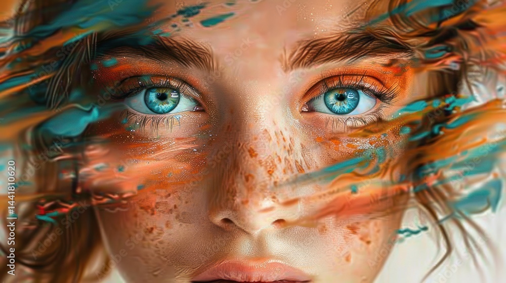Poster colorful abstract background with fluid swirling orange, blue, and brown tones creating a dynamic pa