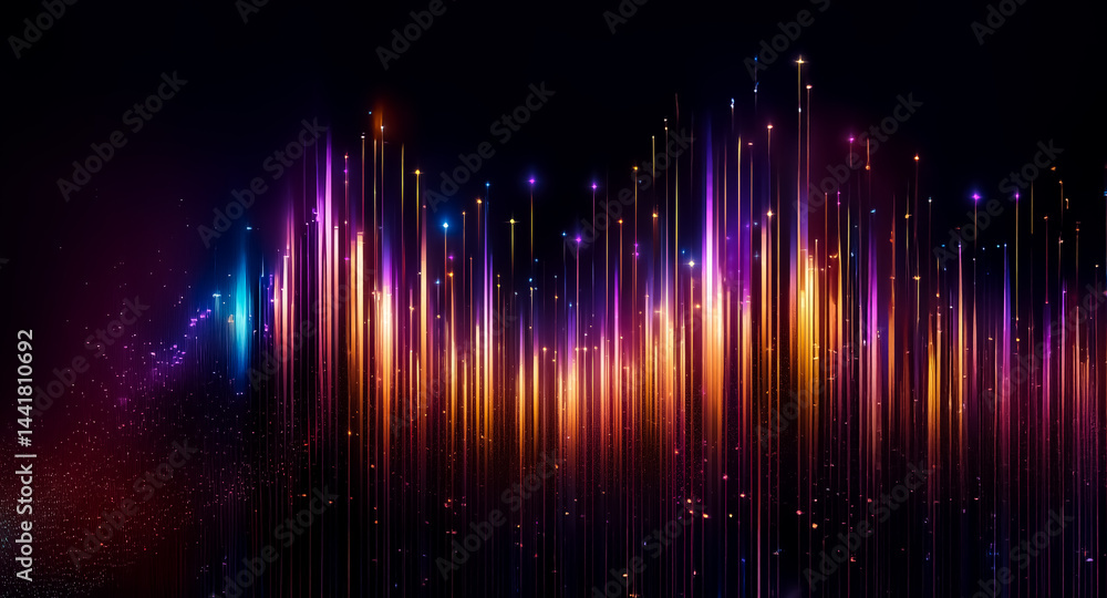 Poster vibrant, vertical light streaks illuminate a dark background, creating a dynamic, abstract compositi