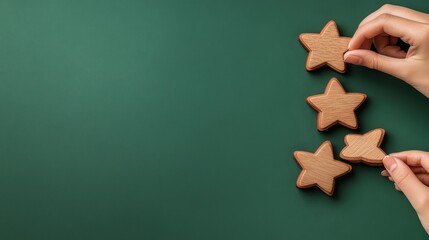 Fototapeta premium Hands arranging wooden stars on a green surface.