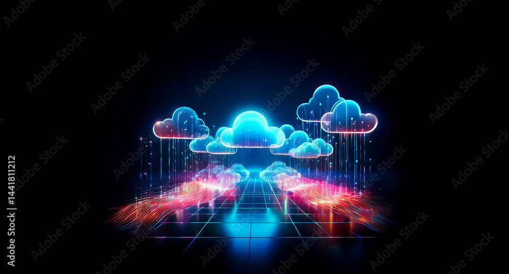 Poster abstract digital art depicting glowing clouds and data streams converging on a grid, symbolizing clo