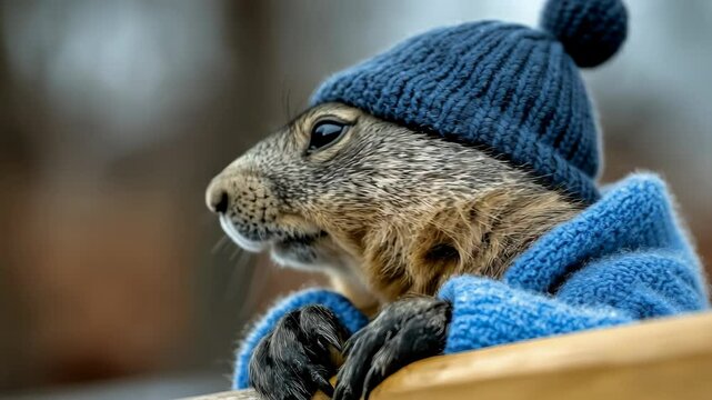 Squirrel wearing a blue hat and a blue sweater. The squirrel is looking at the camera. The image has a playful and lighthearted mood