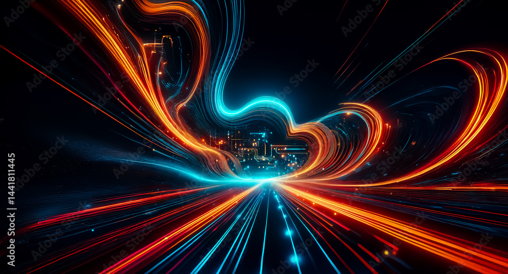 Poster abstract digital art depicting a futuristic highway scene with vibrant, swirling streaks of light in