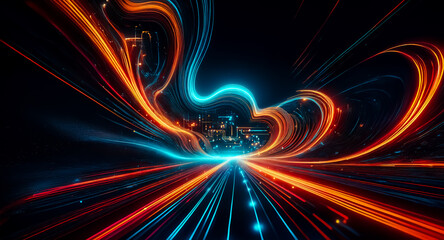 Abstract digital art depicting a futuristic highway scene with vibrant, swirling streaks of light in orange and blue, creating a sense of speed and movement through a dark space.