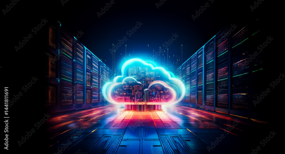 Aufkleber glowing blue and cyan cloud symbol hovers above a server room floor, representing digital storage an