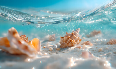 The shells in the ocean emit beautiful light, clear seawater, sand, sunlight, nature, environment, business, tourism, beauty, pearls, scenery, advertising, background map, background, wallpaper