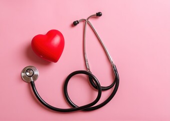 International's nurse day, week concept, stethoscope and red heart on pink background with copy space. Space for text.