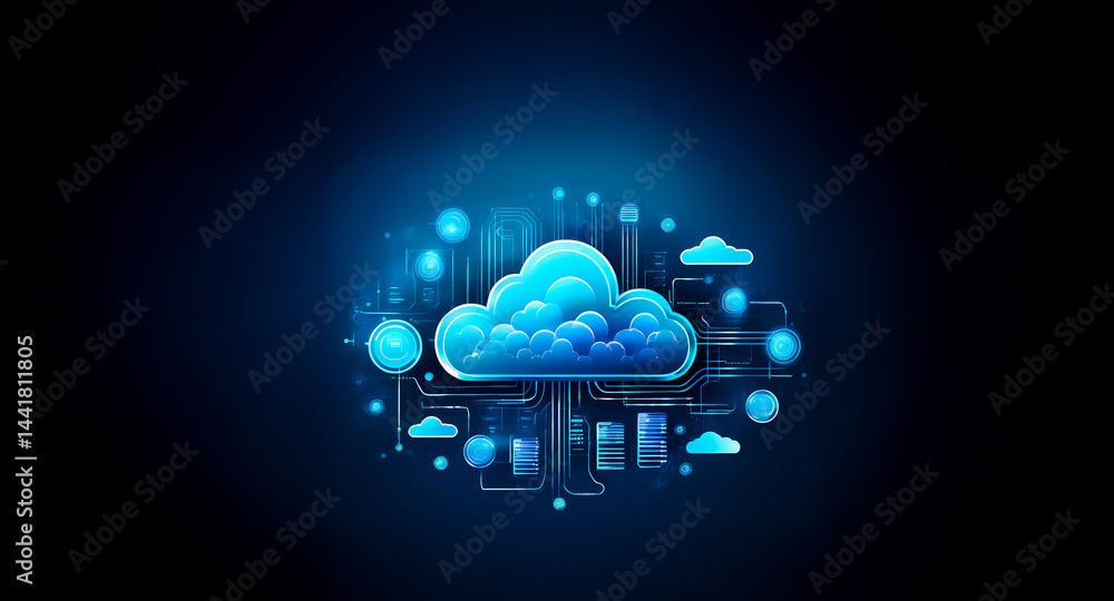 Poster abstract depiction of cloud computing, showcasing data storage and network connectivity symbolized b