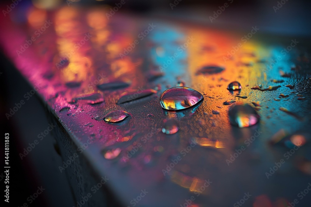 Poster close-up of colorful raindrops on a metallic surface reflecting neon lights, creating an abstract an