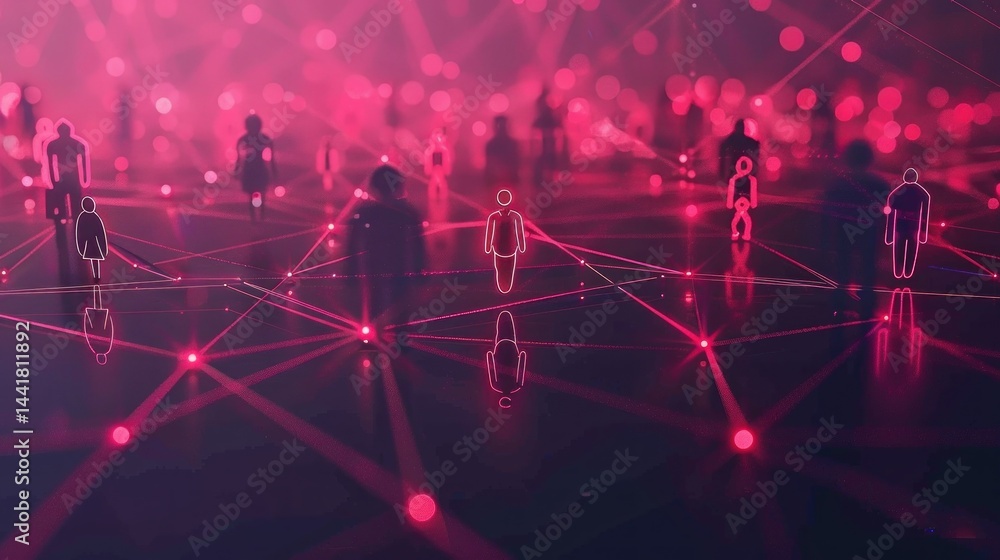 Poster abstract network of human figures connected by glowing red lines and nodes on a reflective dark surf