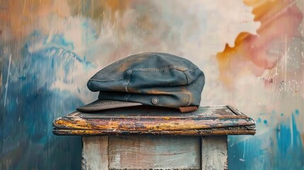 worn dark cloth cap resting on rustic weathered wooden table against colorful textured background conveying nostalgic and vintage mood