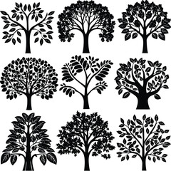 Obraz premium Nine Black Silhouette Trees Nature Illustration Set