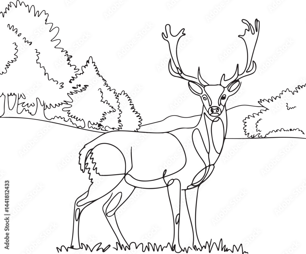 Poster minimalist continuous line art drawing of a fallow deer standing in a peaceful grassy field with a s