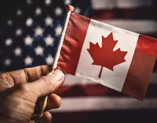 Wall murals a hand holding small canada flag with usa flag in the background