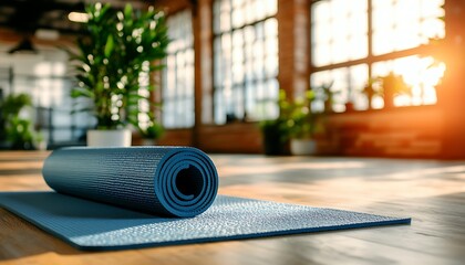 Rolled yoga mat on wooden floor in bright studio