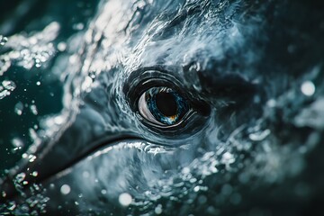 A close up view of an eye of a whale emerging from the water with water droplets surrounding it