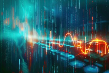 abstract digital data visualization with glowing orange waveform and floating blue vertical data streams in a futuristic environment