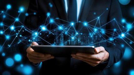 Businessperson holding tablet with digital network graphic.