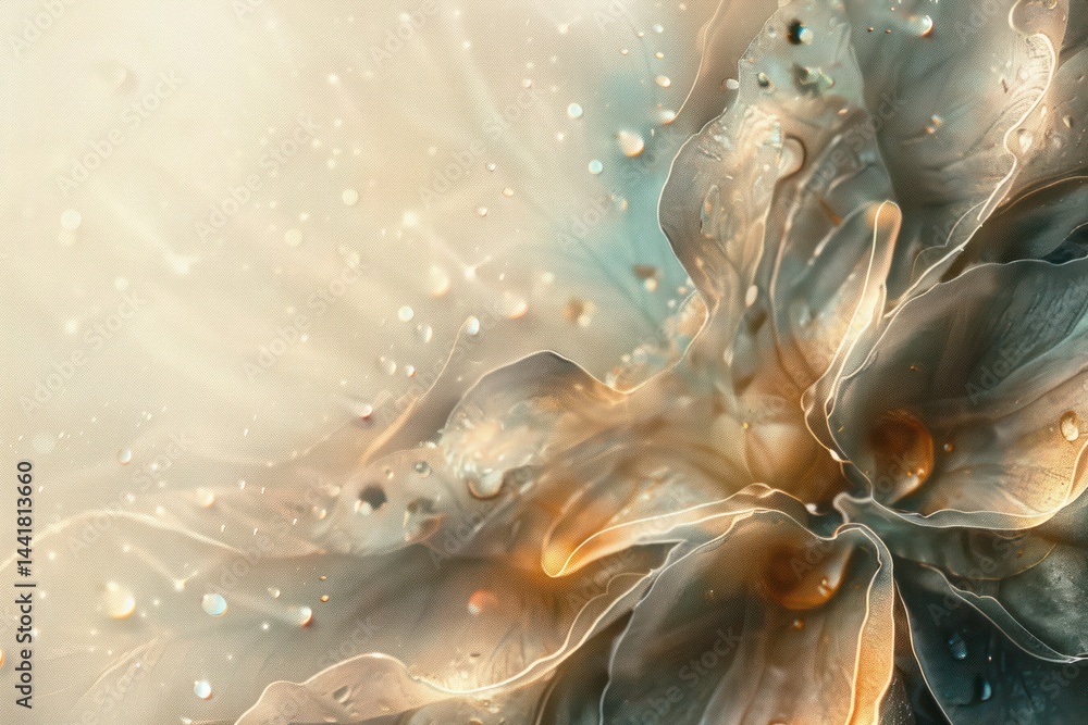 Poster close-up view of an abstract fluid-like flower with translucent petals and soft glowing highlights i