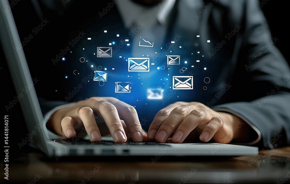 Poster close-up of hands typing on a laptop keyboard with floating digital envelope icons representing emai