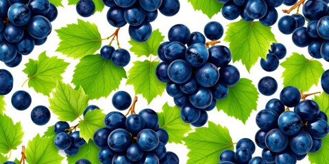 Seamless pattern of dark blue grapes and green leaves on white, eating, natural