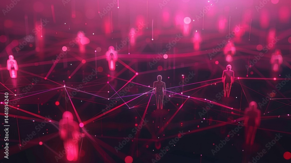 Poster abstract digital representation of connected human figures with glowing red and pink network lines o