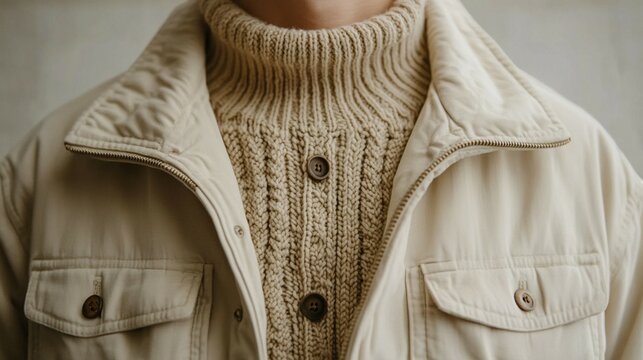 Fashion minimalism with a focus on a sophisticated outfit. A beige sweater is layered under an off-white, textured jacket, both set against a clean, minimalist backdrop 