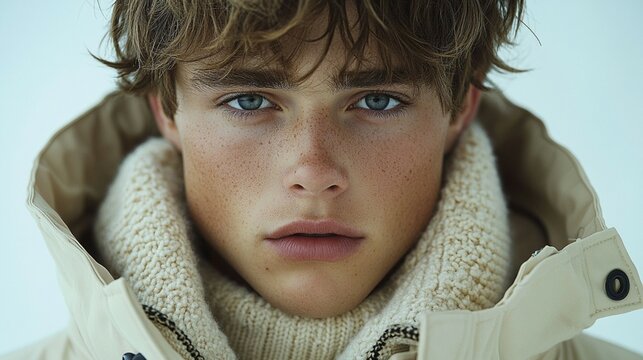 Fashion minimalism with a focus on a sophisticated outfit. A beige sweater is layered under an off-white, textured jacket, both set against a clean, minimalist backdrop 