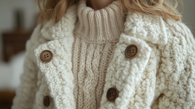 Fashion minimalism with a focus on a sophisticated outfit. A beige sweater is layered under an off-white, textured jacket, both set against a clean, minimalist backdrop 