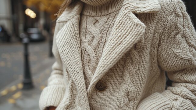 Fashion minimalism with a focus on a sophisticated outfit. A beige sweater is layered under an off-white, textured jacket, both set against a clean, minimalist backdrop 