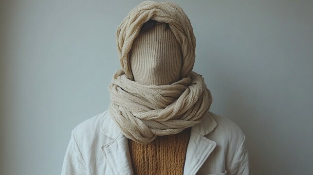 Fashion minimalism with a focus on a sophisticated outfit. A beige sweater is layered under an off-white, textured jacket, both set against a clean, minimalist backdrop 