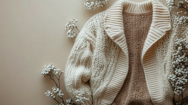 Fashion minimalism with a focus on a sophisticated outfit. A beige sweater is layered under an off-white, textured jacket, both set against a clean, minimalist backdrop 