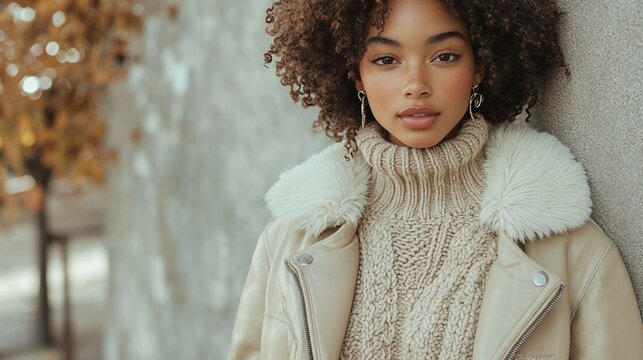 Fashion minimalism with a focus on a sophisticated outfit. A beige sweater is layered under an off-white, textured jacket, both set against a clean, minimalist backdrop 
