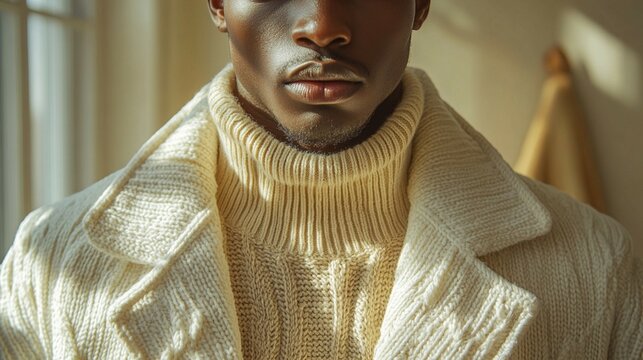 Fashion minimalism with a focus on a sophisticated outfit. A beige sweater is layered under an off-white, textured jacket, both set against a clean, minimalist backdrop 
