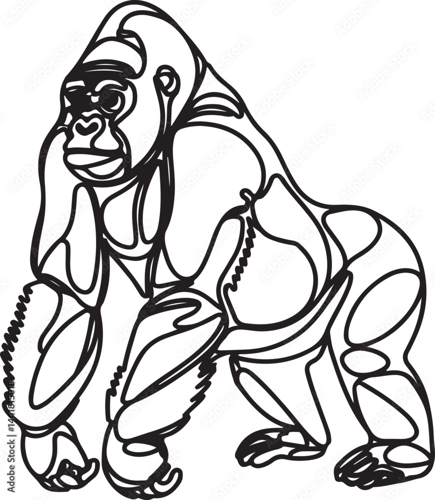 Poster minimalist continuous line art black linear drawing of a gorilla sitting with folded arms created in