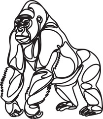 Minimalist continuous line art black linear drawing of a gorilla sitting with folded arms created in a simple vector illustration style isolated on a clean white background