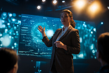 A woman is speaking on stage