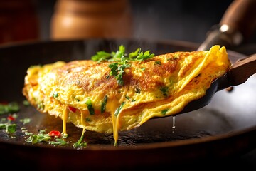 A golden, fluffy omelette being lifted from the pan, garnished with fresh herbs, creating a warm and inviting meal.