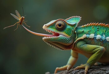 Fototapeta premium Chameleon's Strike: Vibrant Green Reptile Captures Insect