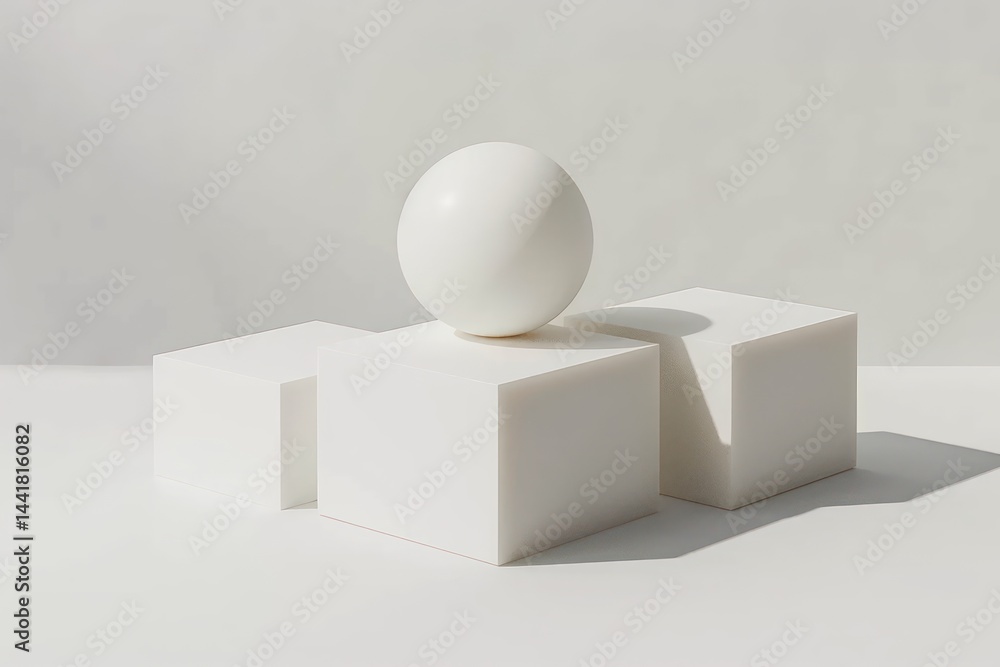 Aufkleber minimalist composition featuring a smooth white sphere balanced on top of three white cubes with sof