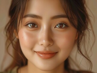 close-up portrait of a person with wavy brown hair tied back, smooth skin, and a neutral expression, with warm lighting