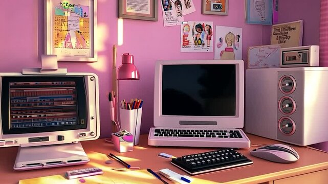 Retro pink computer desk in sunlight