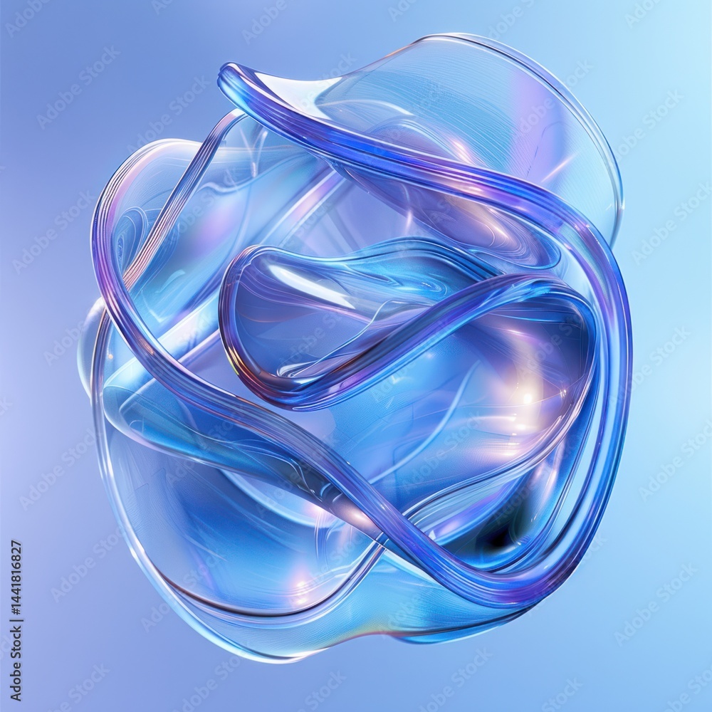 Poster transparent fluid abstract form with intertwining tubular and bubble-like shapes in soft blue and pu