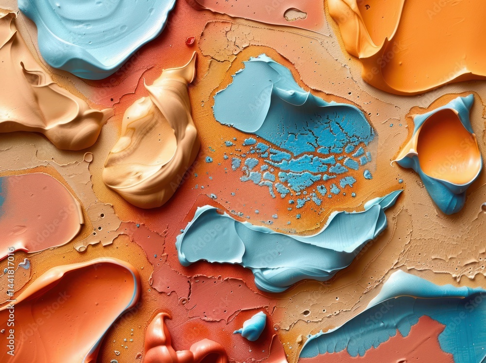 Poster close-up of textured abstract paint blobs in orange, blue, and beige tones on a cracked and layered 