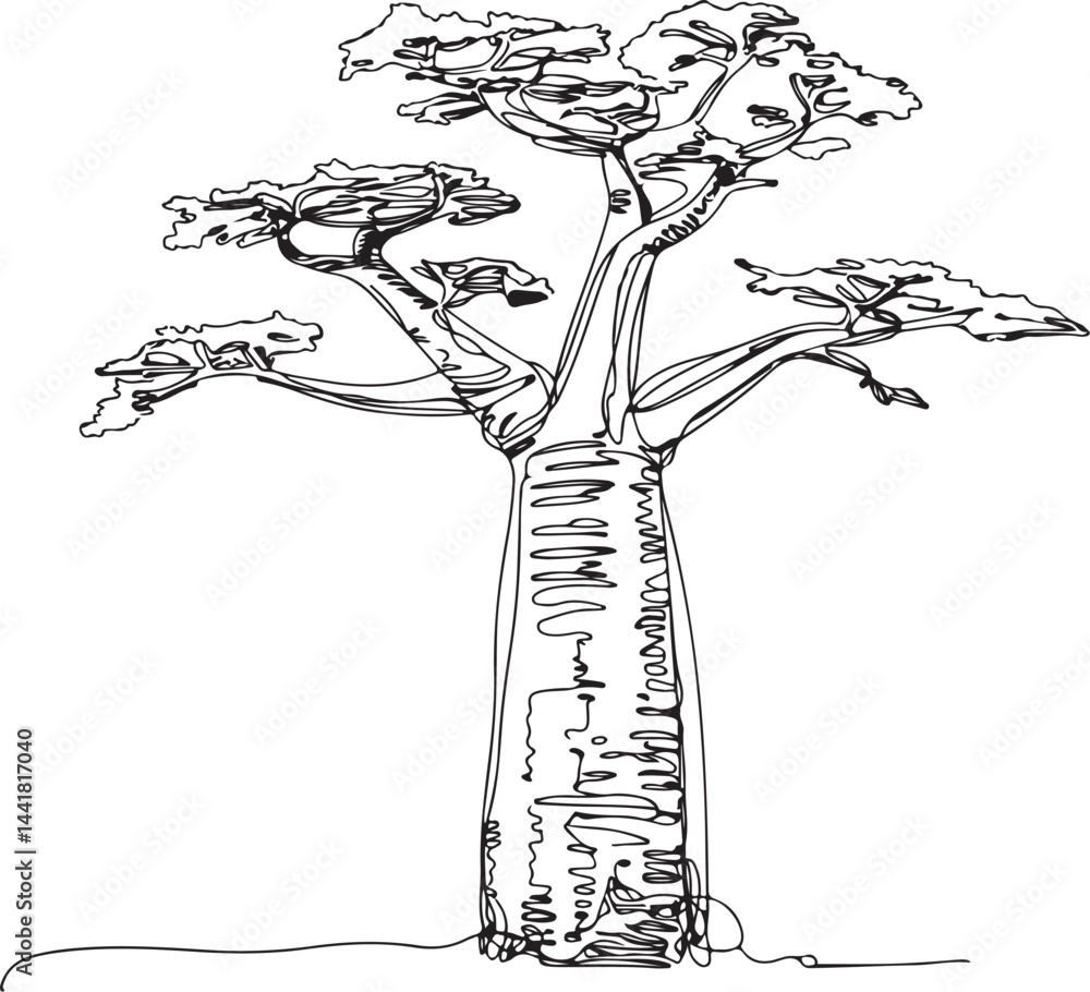 Poster minimalist continuous line art black linear sketch of an exotic baobab tree featuring a thick trunk 