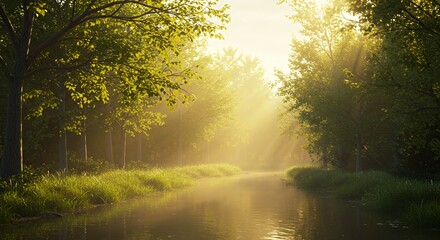 Fototapeta premium Tranquil River Flowing Through Forest with Sun Rays and Greenery