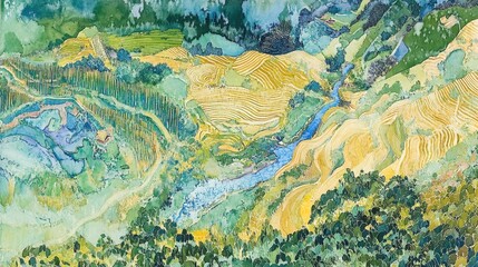 A stylized landscape painting of rolling hills and valleys.
