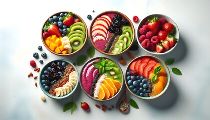 Group of healthy smoothie bowls with colorful fresh fruit toppings and natural superfoods, isolated on a bright clean surface, top view flat lay, perfect for commercial use.